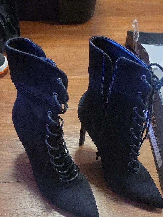 Women's Black Lace-Up High Heel Ankle Boots - Picture 2 of 5